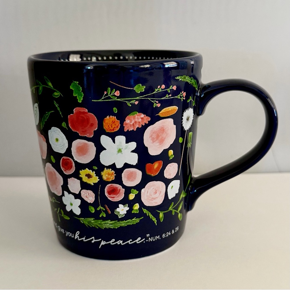 Lighthouse Christian Coffee Mug Bless Protect Peace Bible Verse Blue Flowers